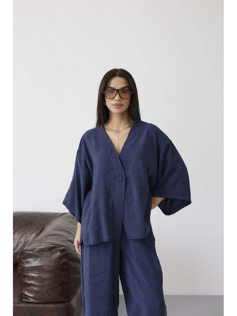 Lacivert Tek Düğmeli Bluz Pantolon Takım 51189-Lacivert