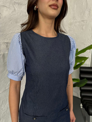 Kolları Çizgili Poplin Detay Denim Elbise