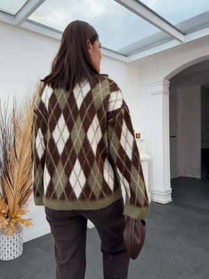 Haki Yanları Yırtmaçlı Şardonlu Baklava Kazak 2366-HAKİ