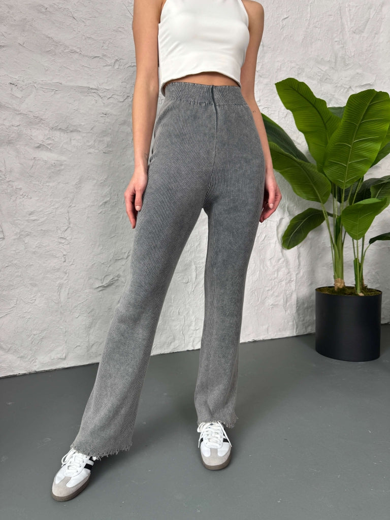 Gri Fitilli Triko Pantolon