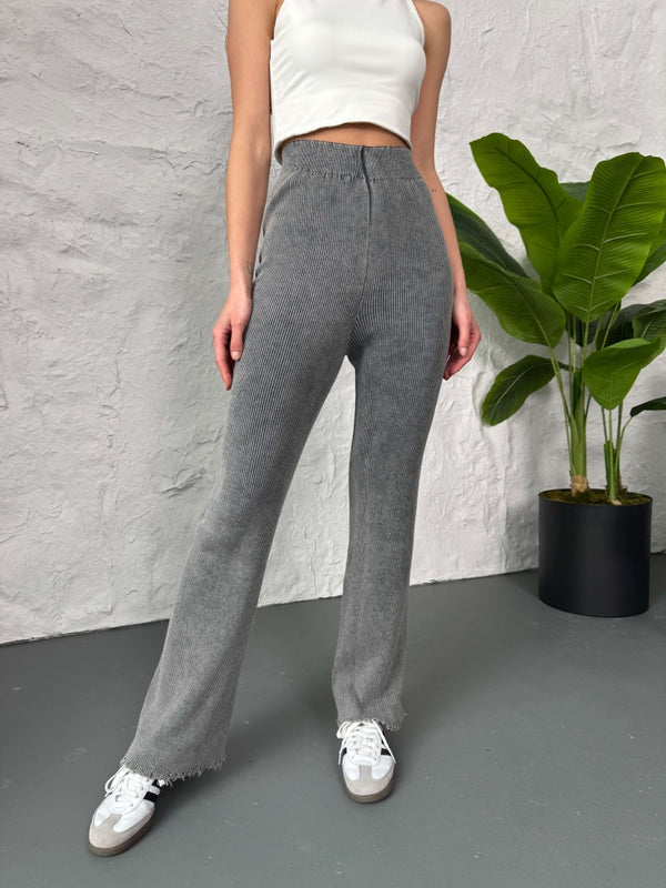 Gri Fitilli Triko Pantolon