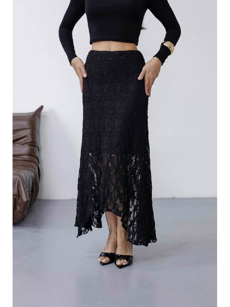 Siyah Asimetrik Dantel Etek 7200-Siyah