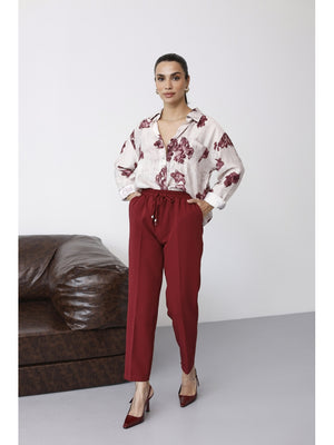 Bordo Bel Lastikli Havuç Pantolon 80178-Bordo
