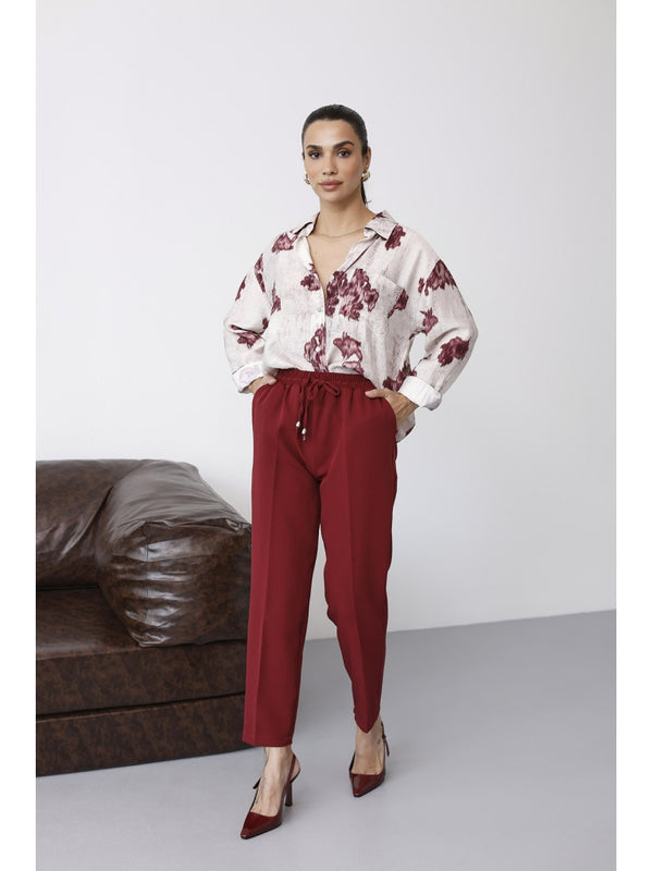 Bordo Bel Lastikli Havuç Pantolon 80178-Bordo