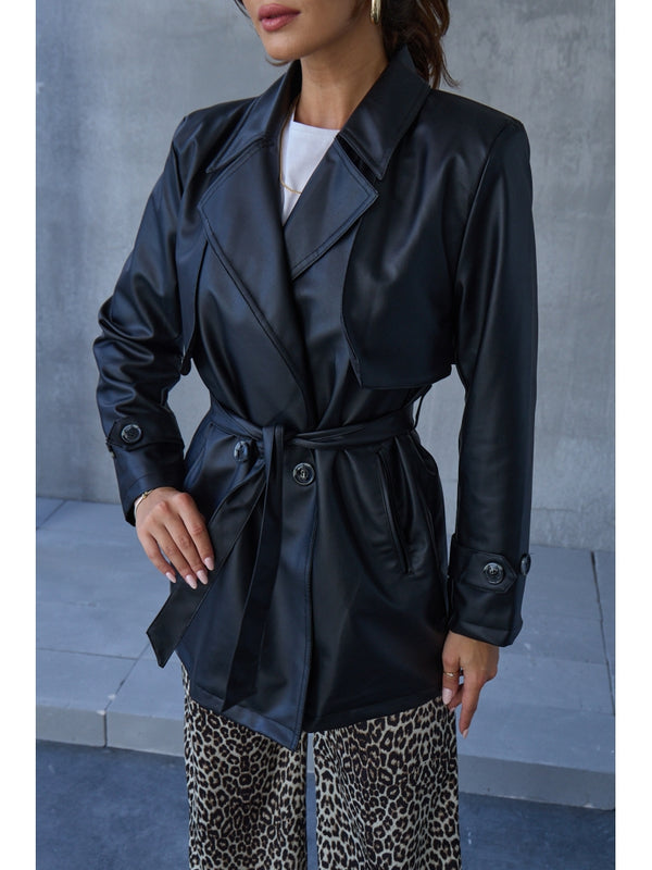 Siyah Kuşaklı Ara Boy Deri Trenç EY2377-Siyah