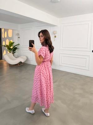 Pembe Puantiyeli Beli Pilili Elbise 3083-Pembe