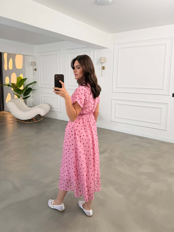 Pembe Puantiyeli Beli Pilili Elbise 3083-Pembe