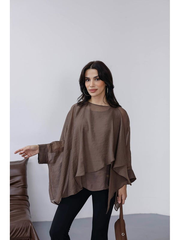 Kahve Tencel Pelerin Bluz 5026-KAHVE