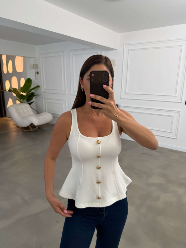 Beyaz Gold Düğmeli Bluz 4263-Beyaz