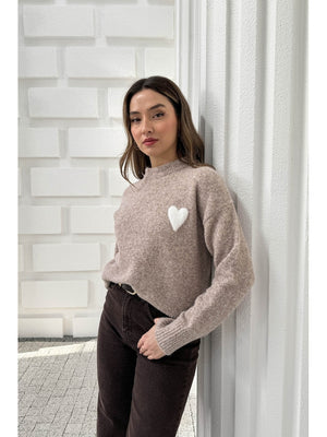 Dilvin Vizon Yumuşak Dokulu Kalpli Triko Kazak 10837-Vizon