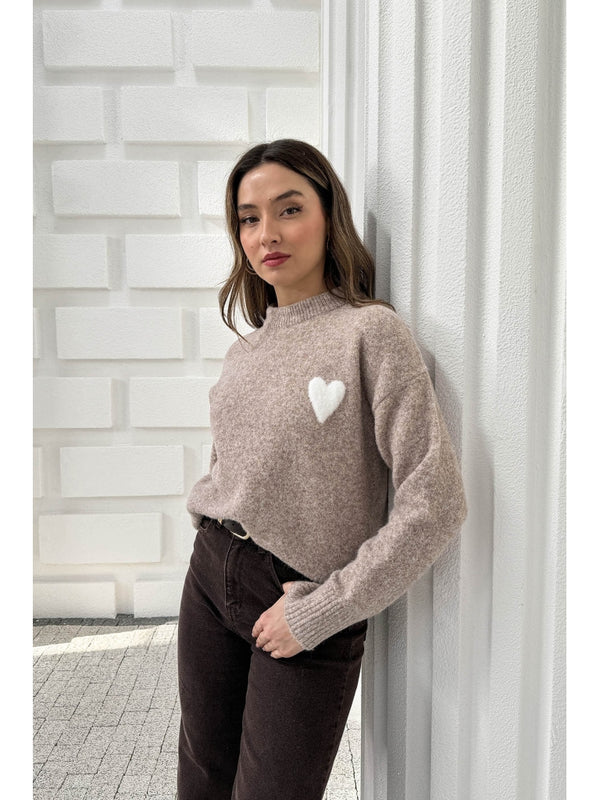Dilvin Vizon Yumuşak Dokulu Kalpli Triko Kazak 10837-Vizon