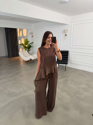 Kahve Eteği Garnili Bluz Pantolon Takım 51391-Kahve
