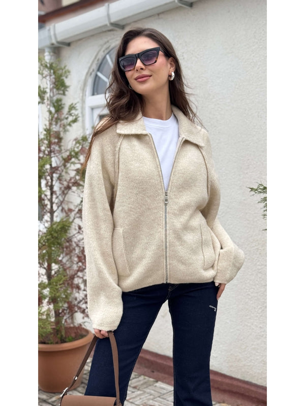 Taş  Polo Yaka Fermuarlı Hırka 2381-Taş