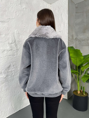 Premium Gri İthal Kumaş Kürk Mont 70099-Gri