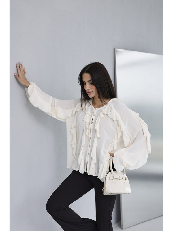 Ekru Katlı Volanlı Bluz 5025-EKRU