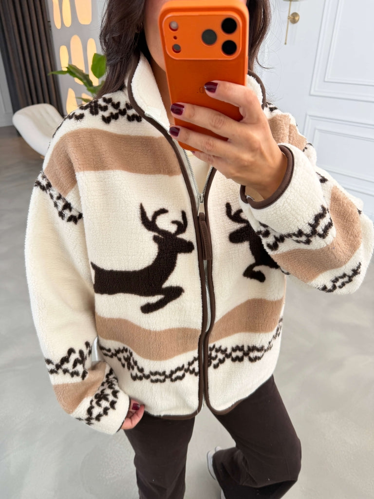 Camel Ön Fermuarlı Peluş Sweat 22889-Camel