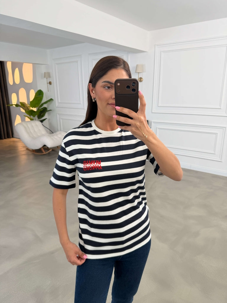 Lacivert Nakış Yazılı Çizgili Tshirt 10868-Lacivert