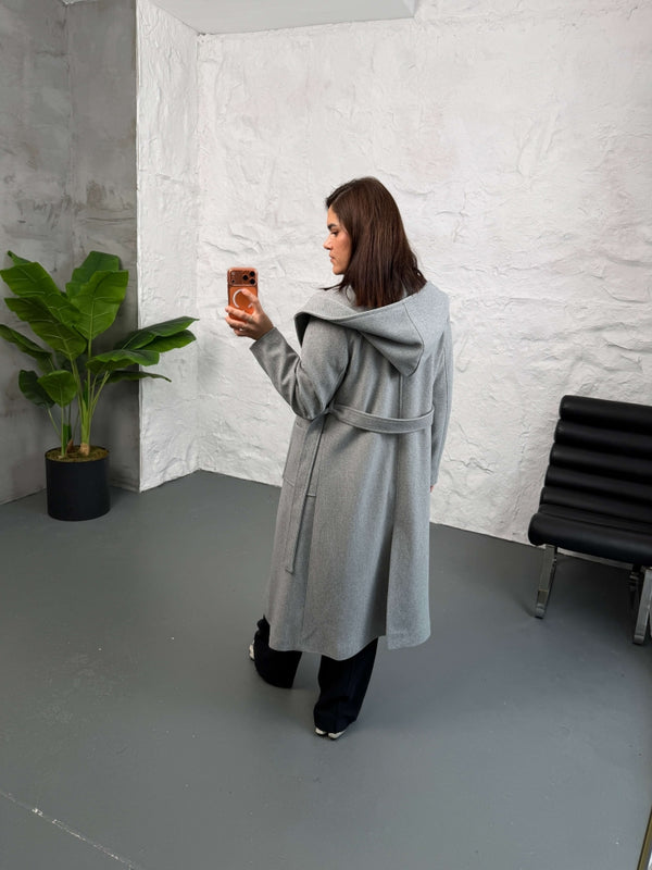 Gri Kapşonlu Kaşe Kaban 2610-Gri