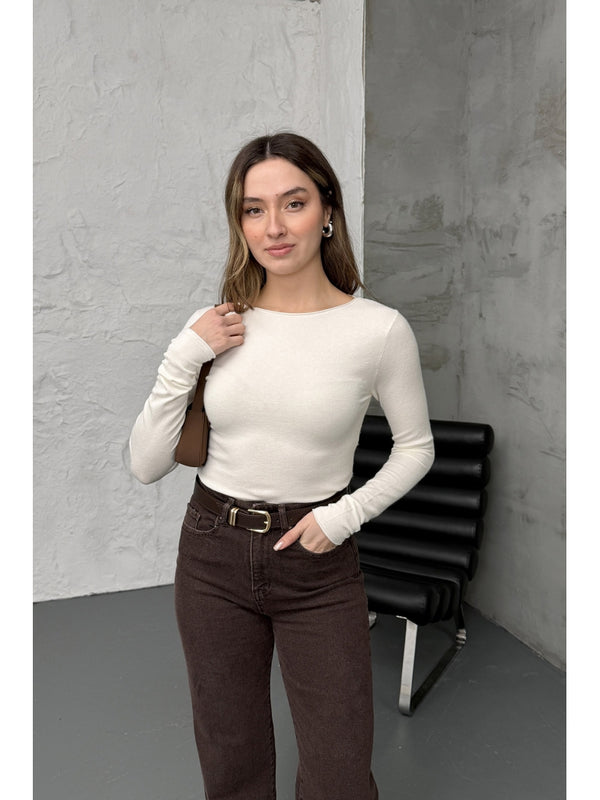 Dilvin Ekru Kayık Yaka Kaşmir Bluz 10840-EKRU