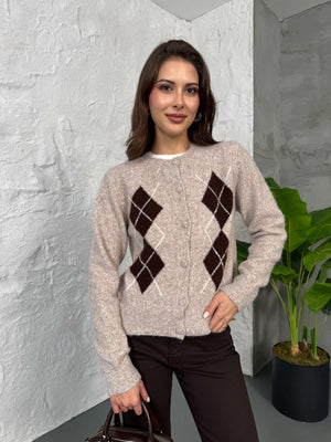 Vizon Baklava Desen Triko Hırka 2539-Vizon