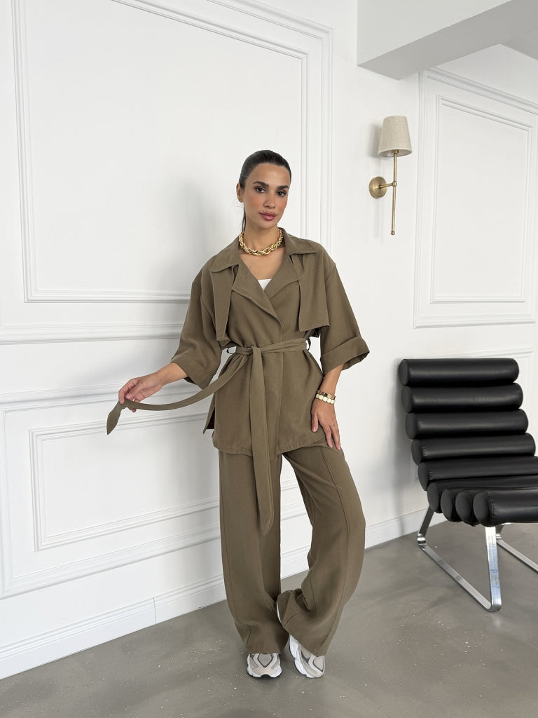 Haki Bel Bağlamalı Yarım Kol Tencel Takım 7309-Haki