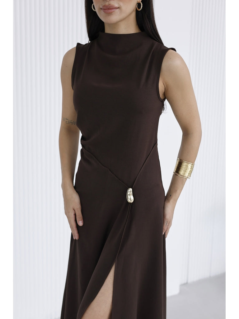 Kahve Toka Detaylı Yırtmaçlı Elbise 0805-KAHVE