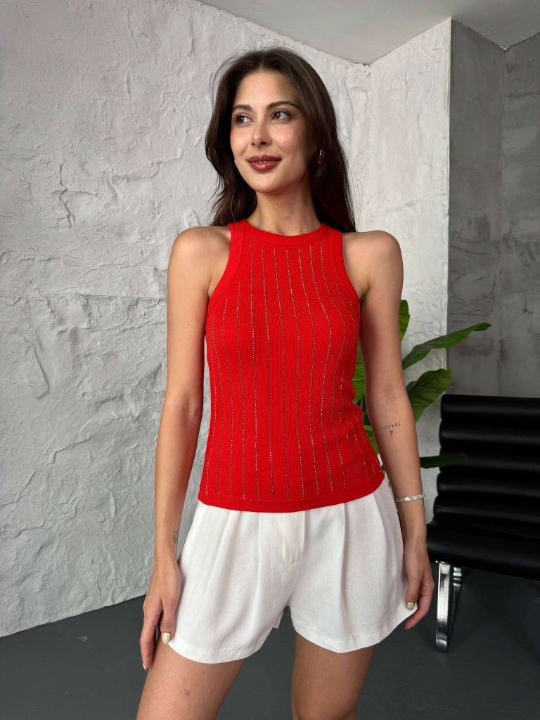 Kırmızı Zr Model Halter Yaka Taşlı Atlet