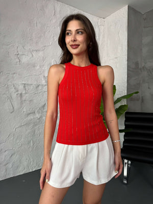 Kırmızı Zr Model Halter Yaka Taşlı Atlet