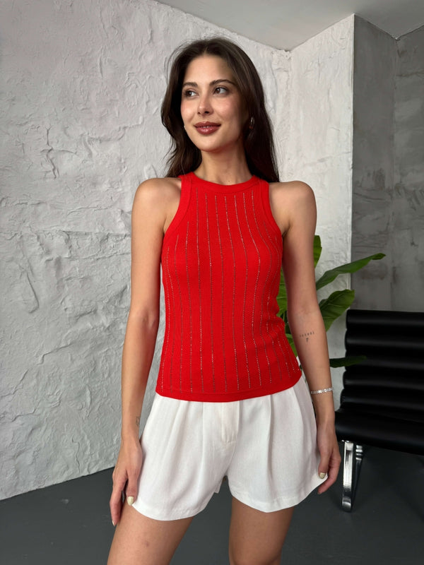 Kırmızı Zr Model Halter Yaka Taşlı Atlet
