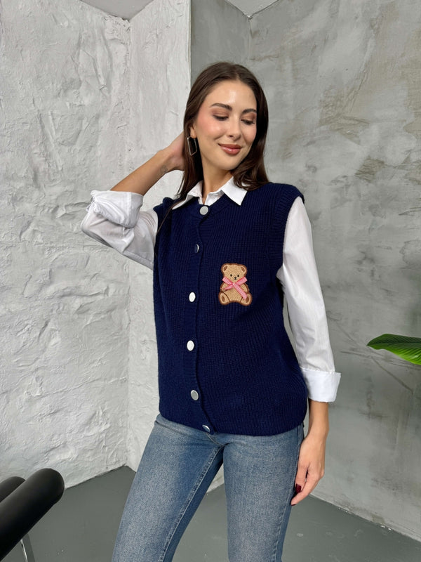 Lacivert Teddy Nakışlı Süveter