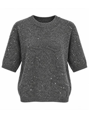 Füme Kısa Kollu Pullu Triko Bluz M-2944-Füme