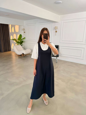 Lacivert Tshirt Detaylı Salaş İkili Elbise Takım 4131-Lacivert