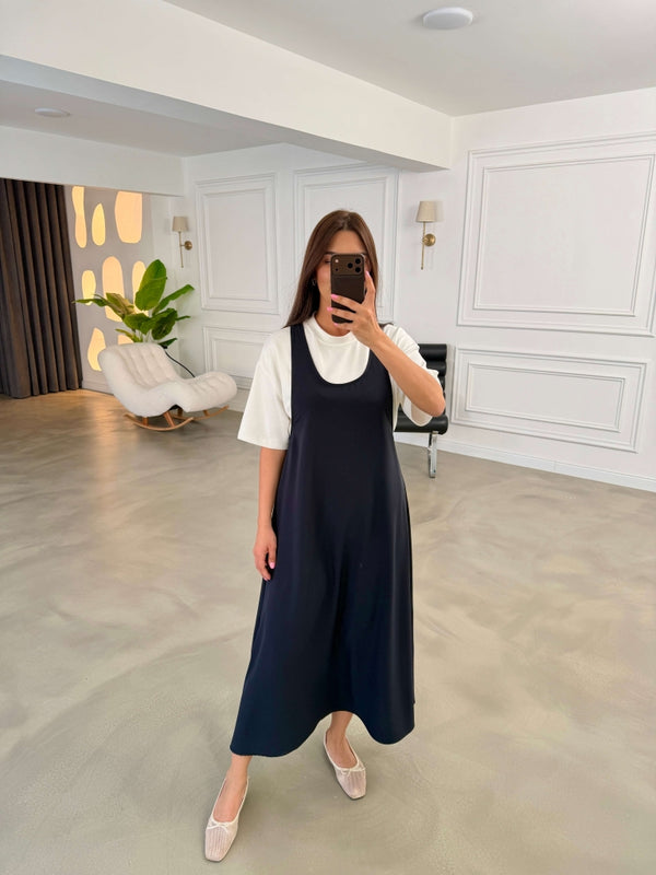 Lacivert Tshirt Detaylı Salaş İkili Elbise Takım 4131-Lacivert