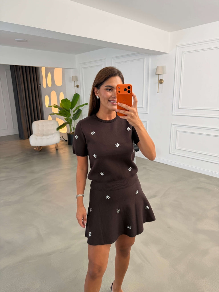Kahve Taş İşlemeli Etekli Triko Takım 2742-Kahve
