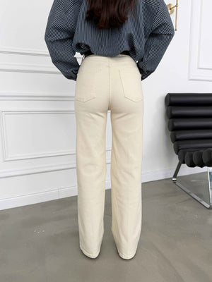 Bej Yüksek Bel Straight Paça Kemerli Jean 700-Bej