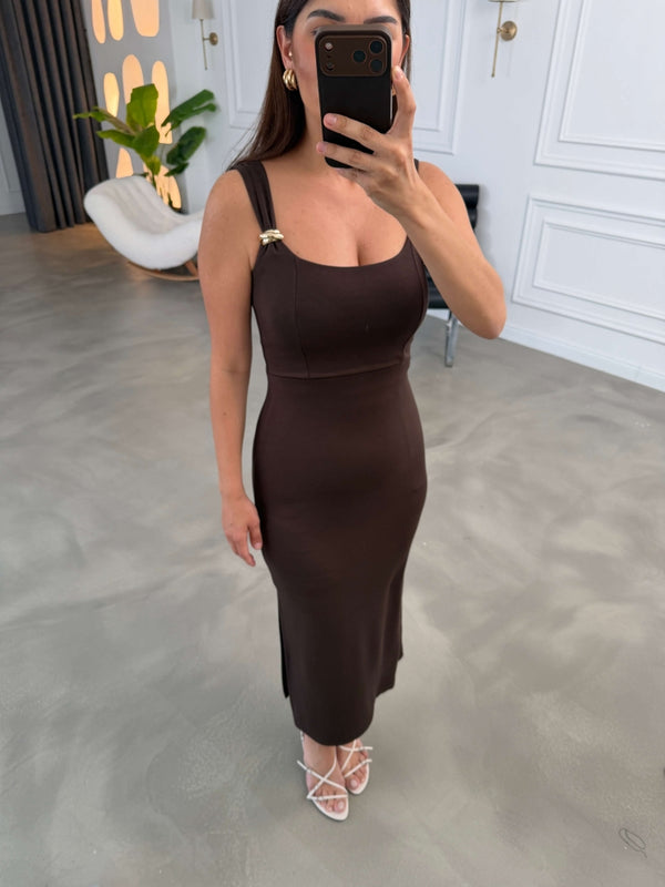 Kahve Omzu Gold Tokalı Modal Elbise 4276-Kahve