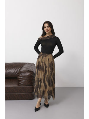 Kahve Şal Desen Asimetrik Etek 251102-Kahve
