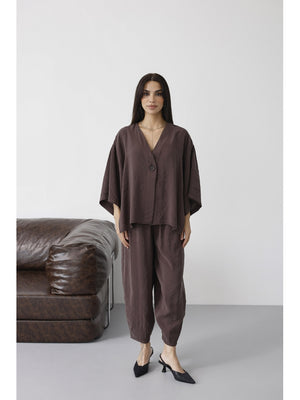 Koyu Kahverengi Tek Düğmeli Bluz Pantolon Takım 51189-Koyu Kahve