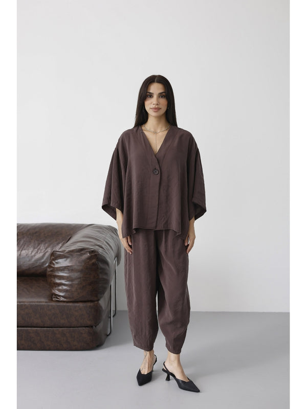 Koyu Kahverengi Tek Düğmeli Bluz Pantolon Takım 51189-Koyu Kahve