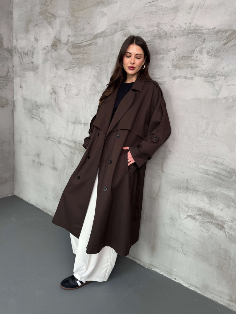 Acı Kahve Kruvaze Detaylı Oversize Trençkot