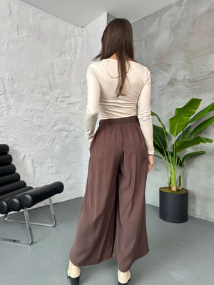 Kahverengi Beli Pilili Tencel Pantolon