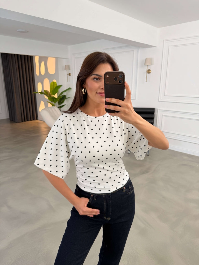 Ekru Puantiyeli Bel Büzgülü Tshirt 1105-Ekru