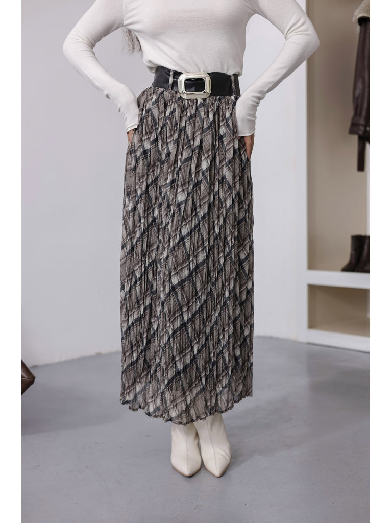 Bej Ekose Desen Kemerli Kraş Etek 7735-Bej