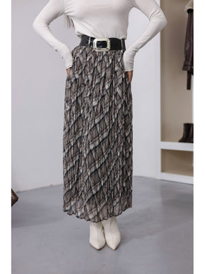 Bej Ekose Desen Kemerli Kraş Etek 7735-Bej