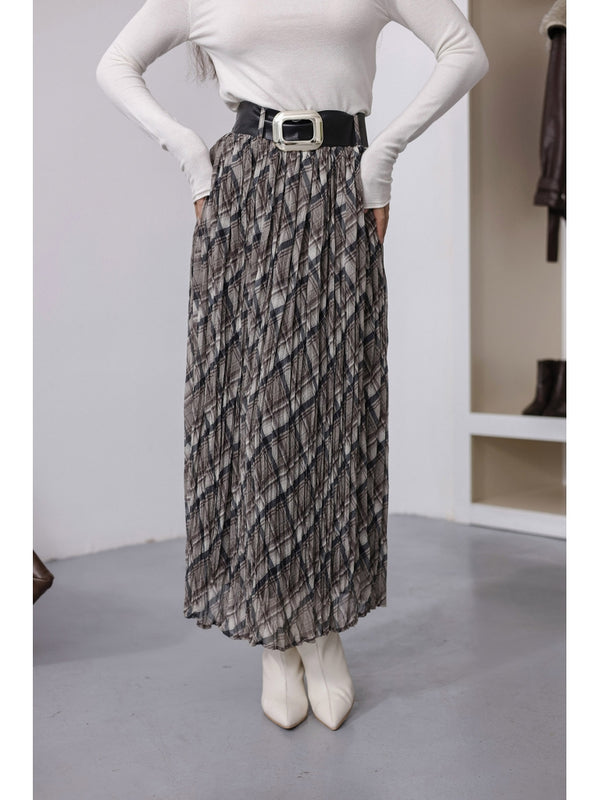 Bej Ekose Desen Kemerli Kraş Etek 7735-Bej