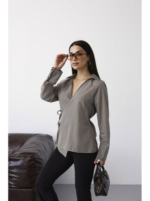 Kahverengi Çizgili Bağlamalı Gömlek 3229-Kahverengi