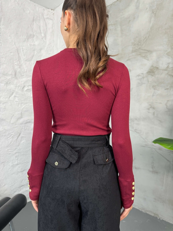 Bordo Kolları Gold Düğmeli Body