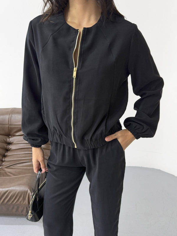 Siyah Boydan Fermuarlı Tencel Takım 7132-Siyah