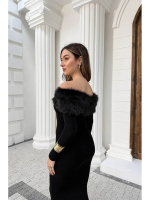 Siyah Madonna Kürk Yakalı Elbise 00515-Siyah