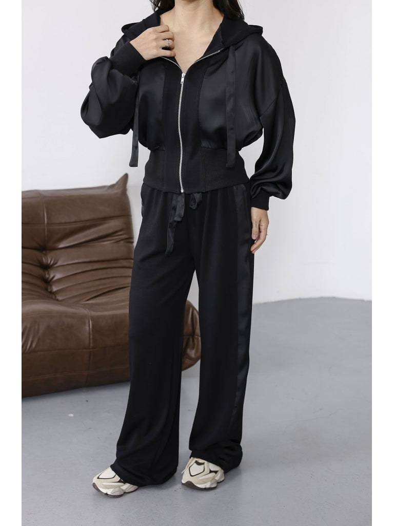 Siyah Saten Detaylı Fermuarlı Takım 2101-Siyah